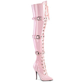 Pleaser SEDUCE-3028 Baby Pink Stretch Pat 5 Inch (127mm) Heel Ribbon Lace-Up Triple Buckle Strap Stretch Thigh High Boot, Full Inside Zip Closure